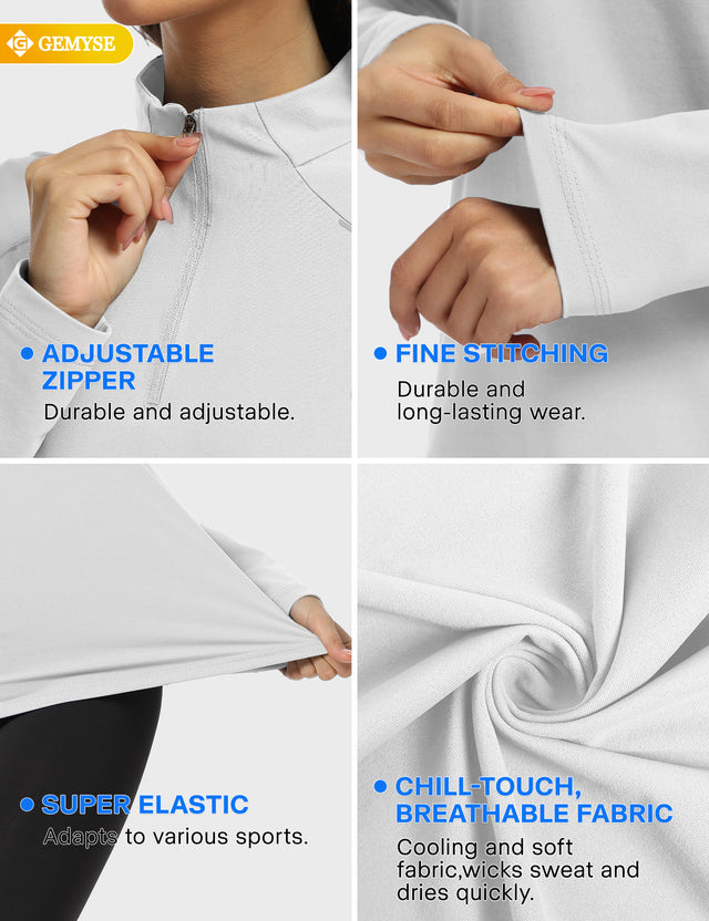 GEMYSE Women's 1/4 Zip Pullover Shirts Long Sleeve Workout Tops Quick Dry Casual Rash Guard Shirts