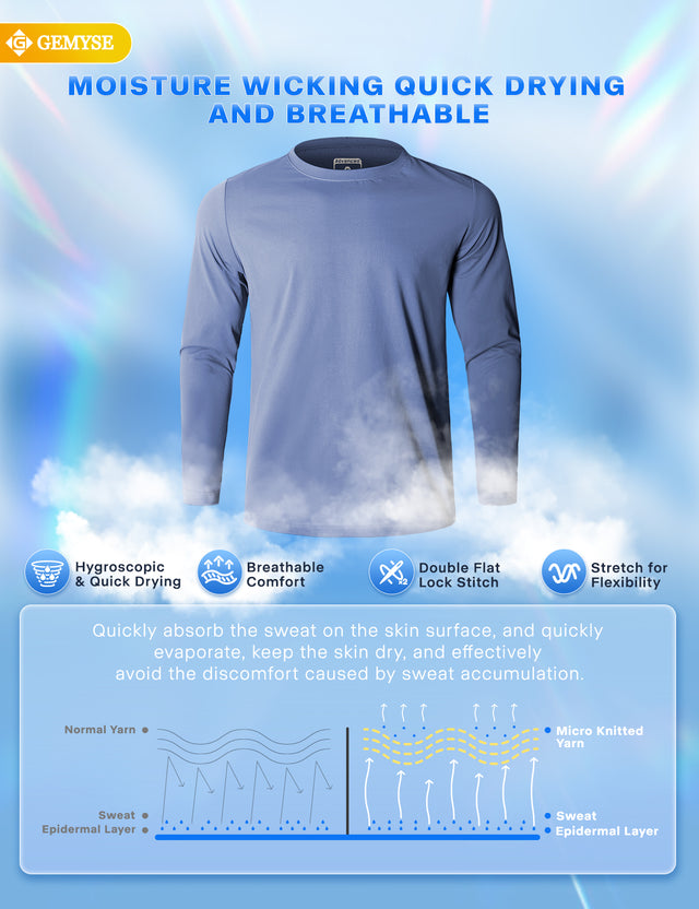 GEMYSE Men's Long Sleeve Shirts Sun Protection Athletic Breathable Moisture Wicking Rash Guard Shirt for Fishing Workout