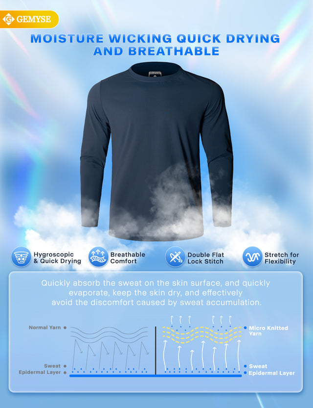 GEMYSE Men's Long Sleeve Shirts Sun Protection Athletic Breathable Moisture Wicking Rash Guard Shirt for Fishing Workout