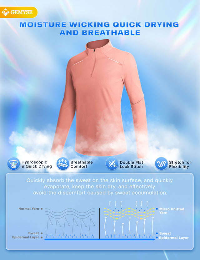 GEMYSE Women's 1/4 Zip Pullover Shirts Long Sleeve Workout Tops Quick Dry Casual Rash Guard Shirts