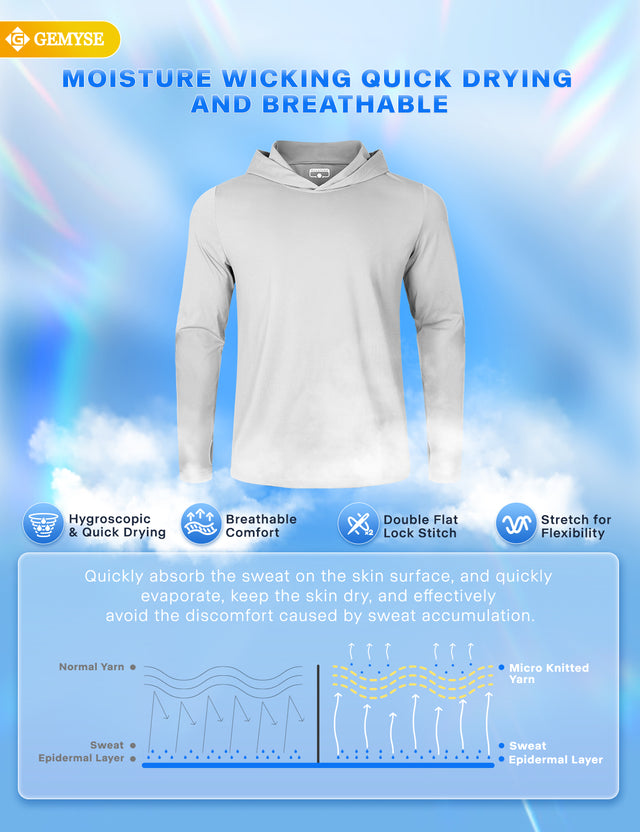 GEMYSE Sun Shirt UPF 50+ Men's Fishing Long Sleeve UV Protection Hoodie Hiking Rash Guard Athletic Running