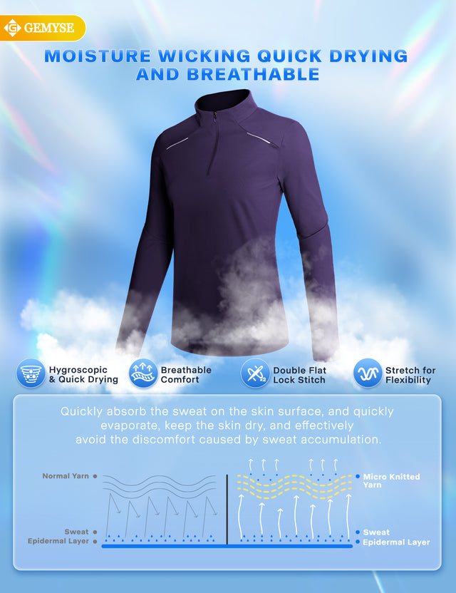 GEMYSE Women's 1/4 Zip Pullover Shirts Long Sleeve Workout Tops Quick Dry Casual Rash Guard Shirts