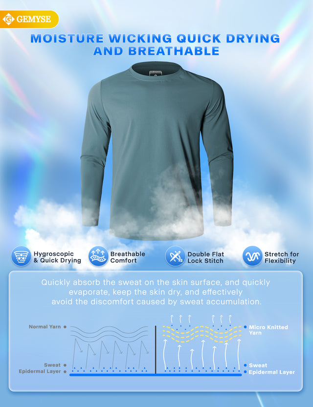 GEMYSE Men's Long Sleeve Shirts Sun Protection Athletic Breathable Moisture Wicking Rash Guard Shirt for Fishing Workout