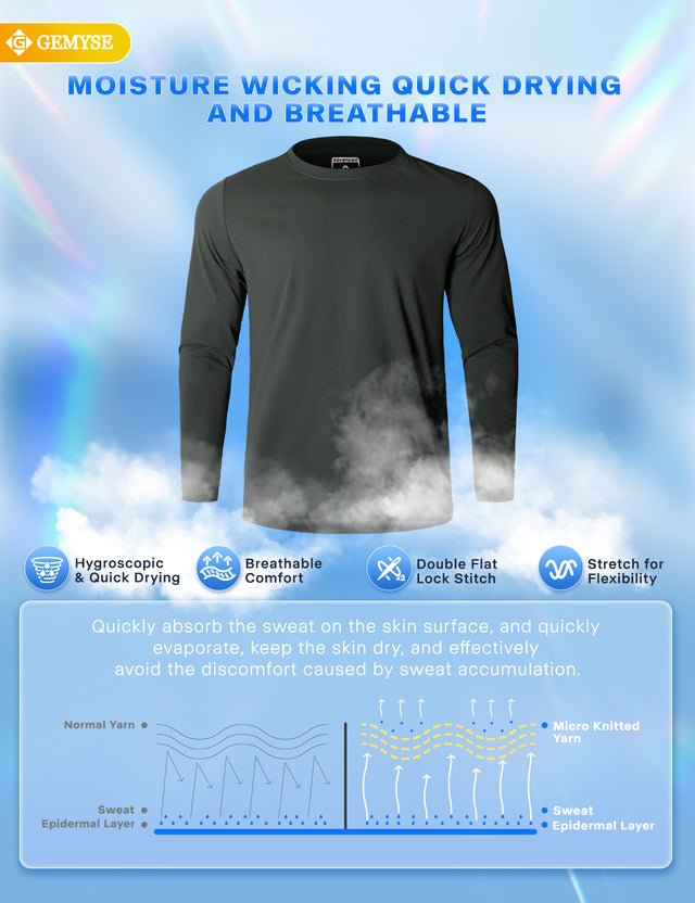 GEMYSE Men's Long Sleeve Shirts Sun Protection Athletic Breathable Moisture Wicking Rash Guard Shirt for Fishing Workout