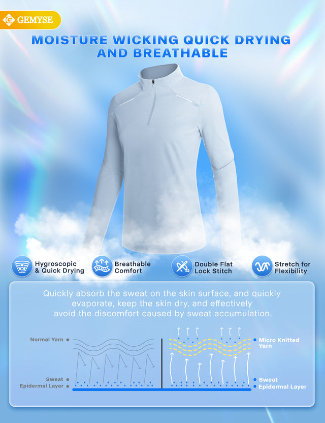 GEMYSE Women's 1/4 Zip Pullover Shirts Long Sleeve Workout Tops Quick Dry Casual Rash Guard Shirts