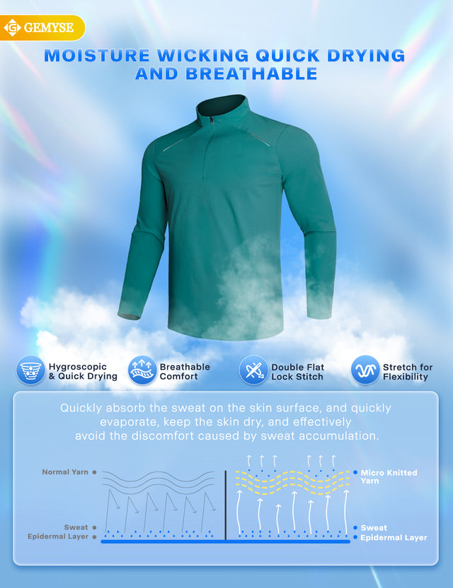 GEMYSE Men's Quarter Zip Pullover Long Sleeve Running Shirt 1/4 Zip Quick Dry Athletic Workout Shirts
