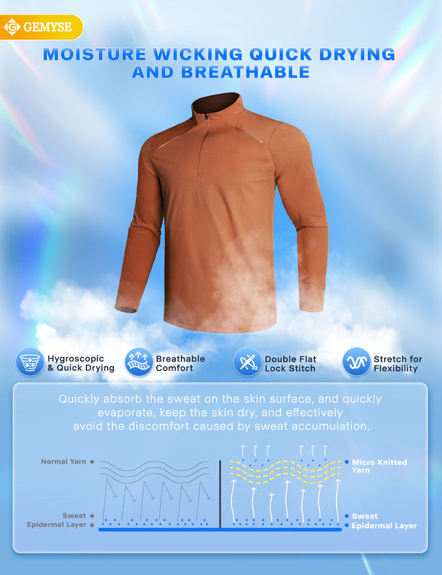 GEMYSE Men's Quarter Zip Pullover Long Sleeve Running Shirt 1/4 Zip Quick Dry Athletic Workout Shirts