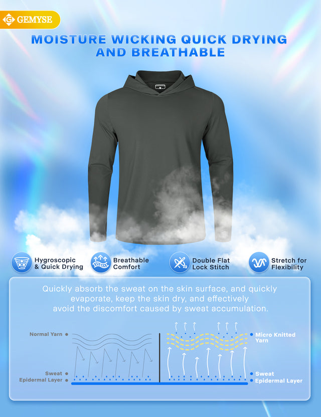 GEMYSE Sun Shirt UPF 50+ Men's Fishing Long Sleeve UV Protection Hoodie Hiking Rash Guard Athletic Running