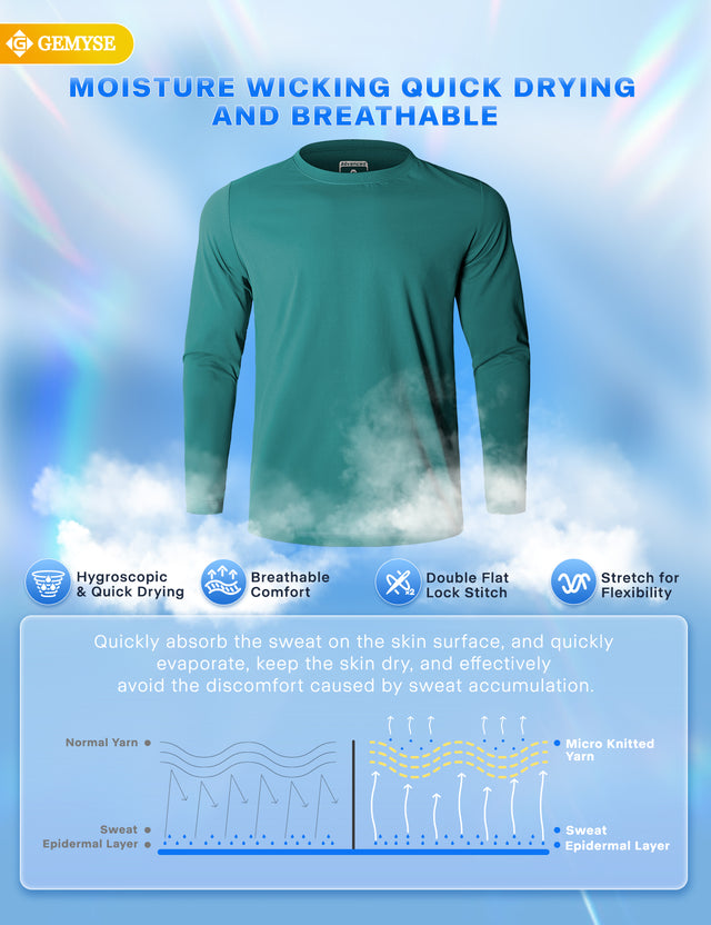 GEMYSE Men's Long Sleeve Shirts Sun Protection Athletic Breathable Moisture Wicking Rash Guard Shirt for Fishing Workout