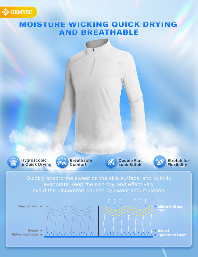 GEMYSE Women's 1/4 Zip Pullover Shirts Long Sleeve Workout Tops Quick Dry Casual Rash Guard Shirts