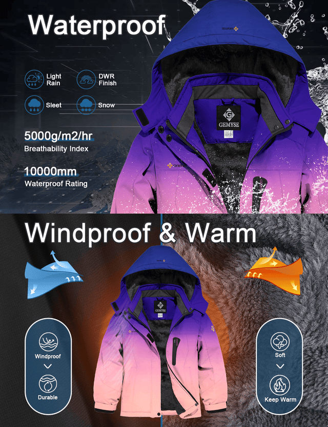 GEMYSE Girl's Waterproof Ski Snow Jacket Hooded Fleece Lined Windproof Winter Jacket
