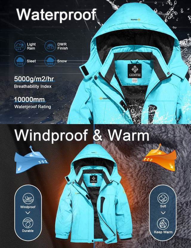 GEMYSE Girl's Waterproof Ski Snow Jacket Hooded Fleece Lined Windproof Winter Jacket