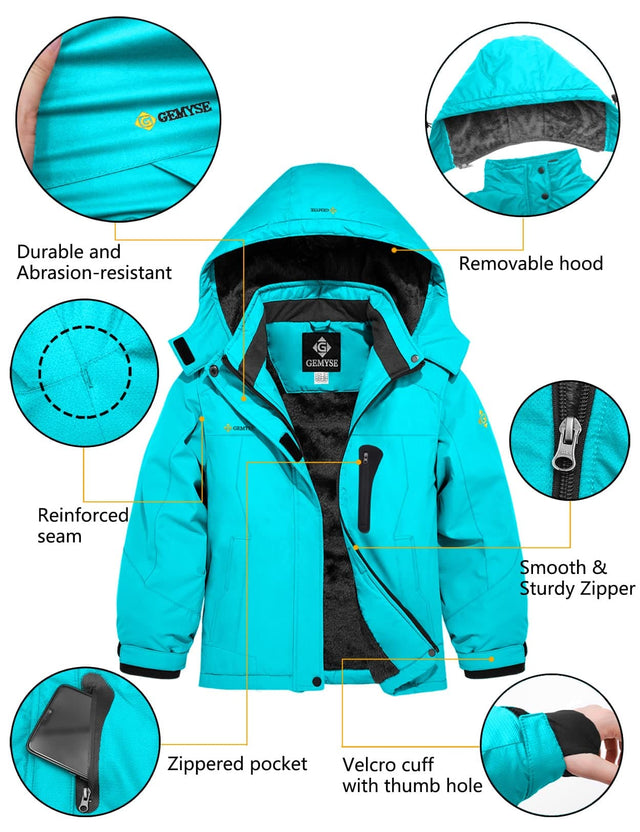 GEMYSE Girl's Waterproof Ski Snow Jacket Hooded Fleece Lined Windproof Winter Jacket