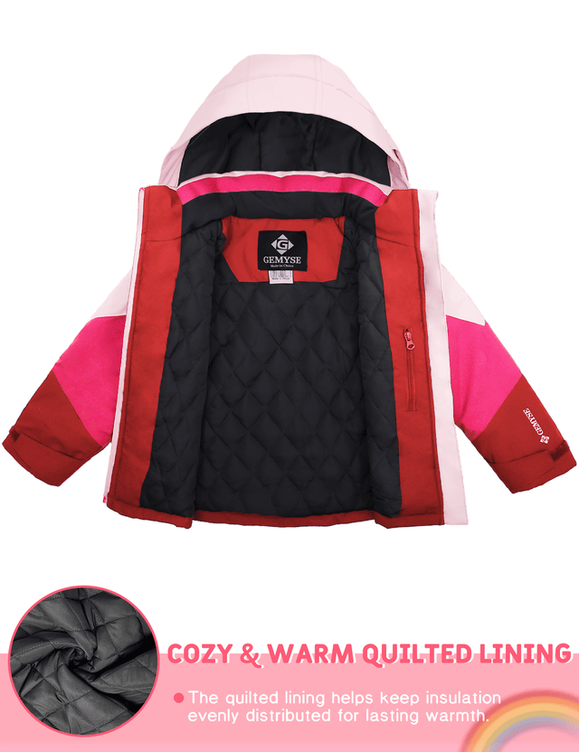 GEMYSE Girls Winter Coat Waterproof Windproof Girls Ski Jacket with Hood Kids Quilted Outerwear