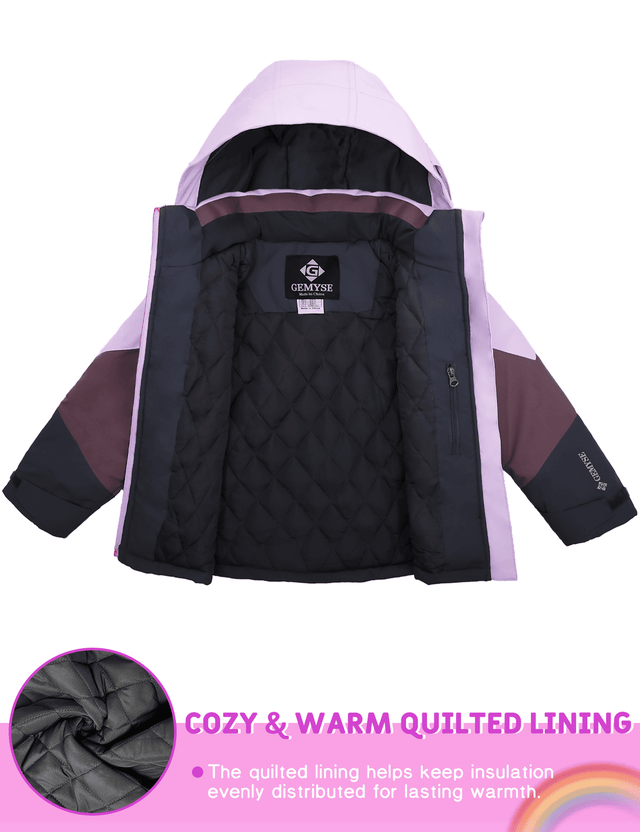 GEMYSE Girls Winter Coat Waterproof Windproof Girls Ski Jacket with Hood Kids Quilted Outerwear