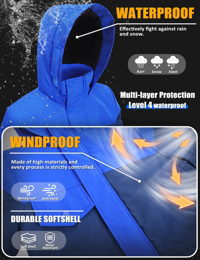 GEMYSE Boys Winter Coat Waterproof Windproof Boys Ski Jacket with Hood Kids Insulated Quilted Outerwear