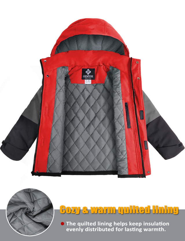 GEMYSE Boys Winter Coat Waterproof Windproof Boys Ski Jacket with Hood Kids Insulated Quilted Outerwear
