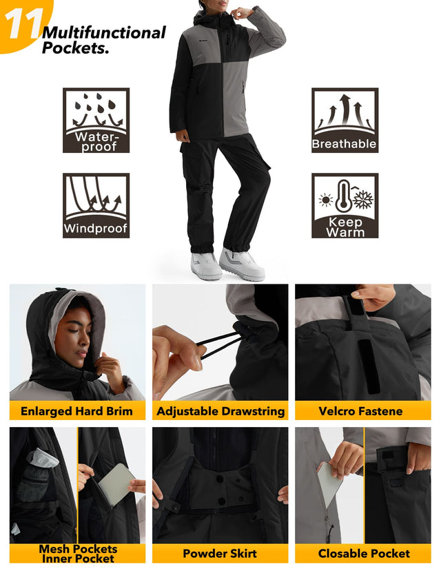 GEMYSE Women's Ski Snow Jackets and Pants Set Windproof Waterproof Snowsuit Warm Winter Snowboarding Insulated Coat