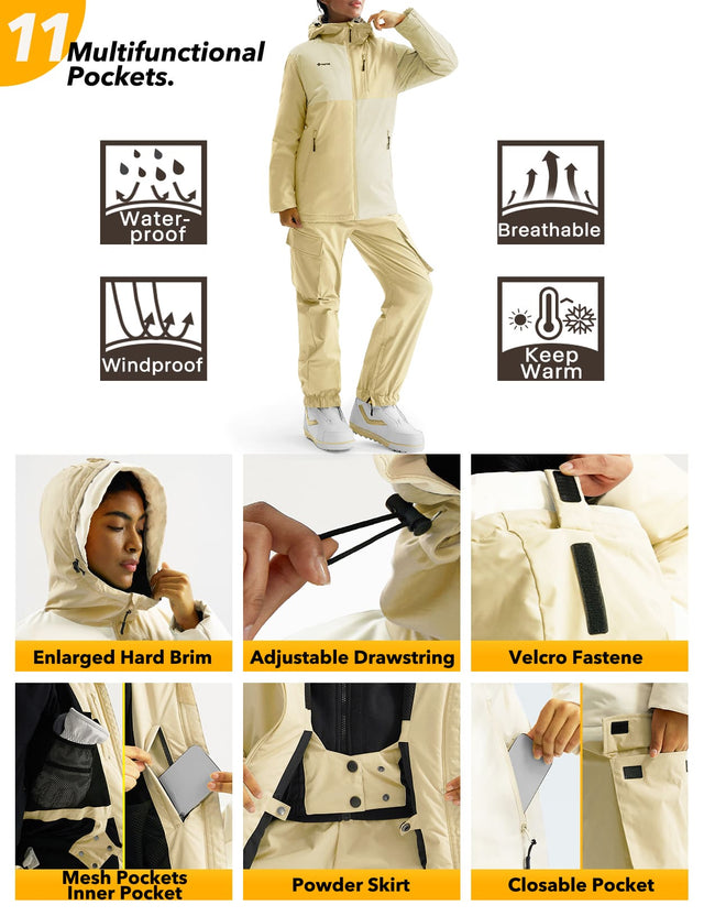 GEMYSE Women's Ski Snow Jackets and Pants Set Windproof Waterproof Snowsuit Warm Winter Snowboarding Insulated Coat