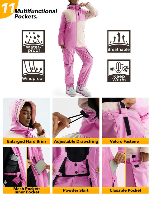GEMYSE Women's Ski Snow Jackets and Pants Set Windproof Waterproof Snowsuit Warm Winter Snowboarding Insulated Coat