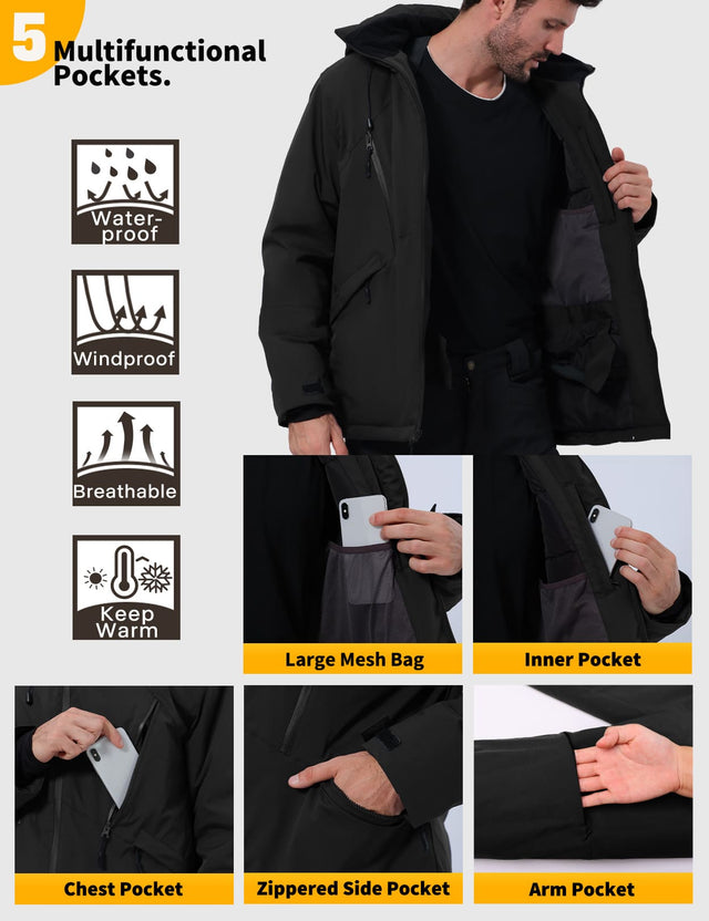 GEMYSE Men's Winter Ski Jacket Snow Coats Waterproof Snowboard Jacket Hooded insulated Windproof Parka With Multi-Pockets