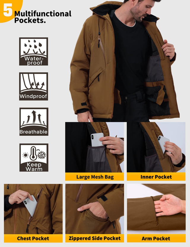 GEMYSE Men's Winter Ski Jacket Snow Coats Waterproof Snowboard Jacket Hooded insulated Windproof Parka With Multi-Pockets