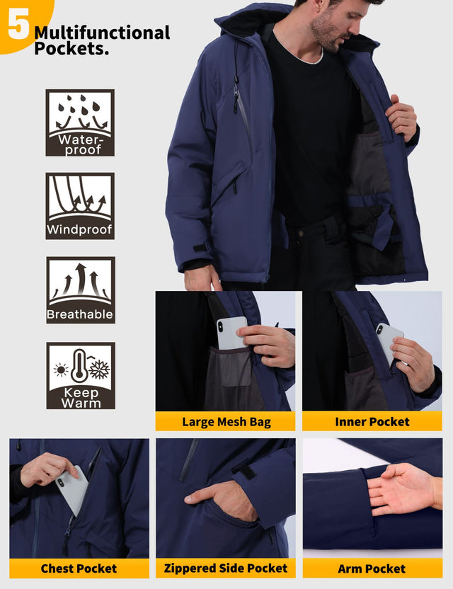GEMYSE Men's Winter Ski Jacket Snow Coats Waterproof Snowboard Jacket Hooded insulated Windproof Parka With Multi-Pockets