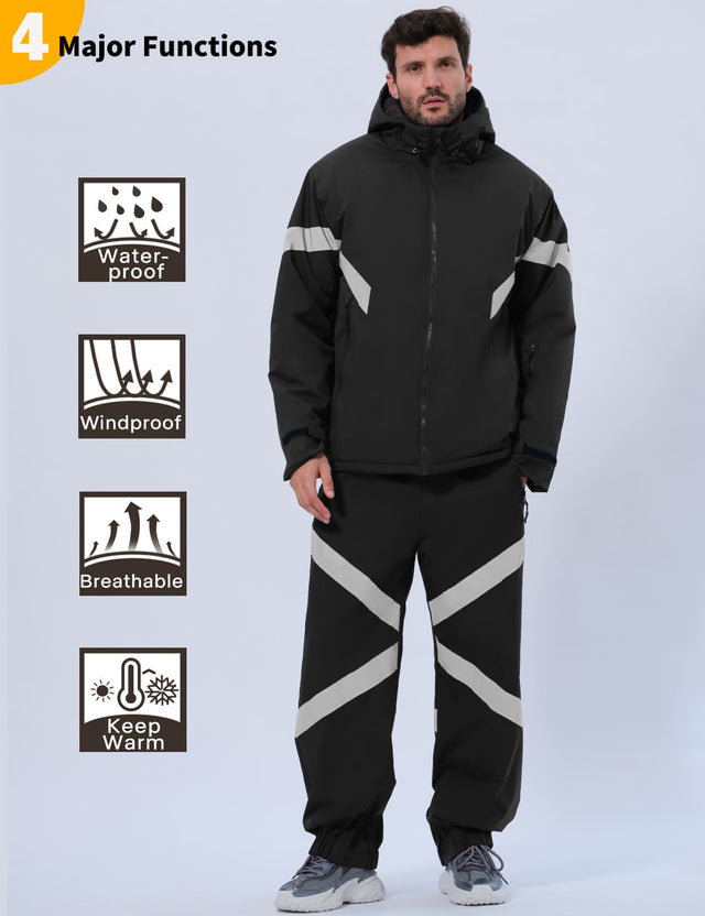 GEMYSE Men's Ski Suit Waterproof Snow Suit Winter snowboard Jacket and Pants Set Hooded ski outfits with Reflective Trim