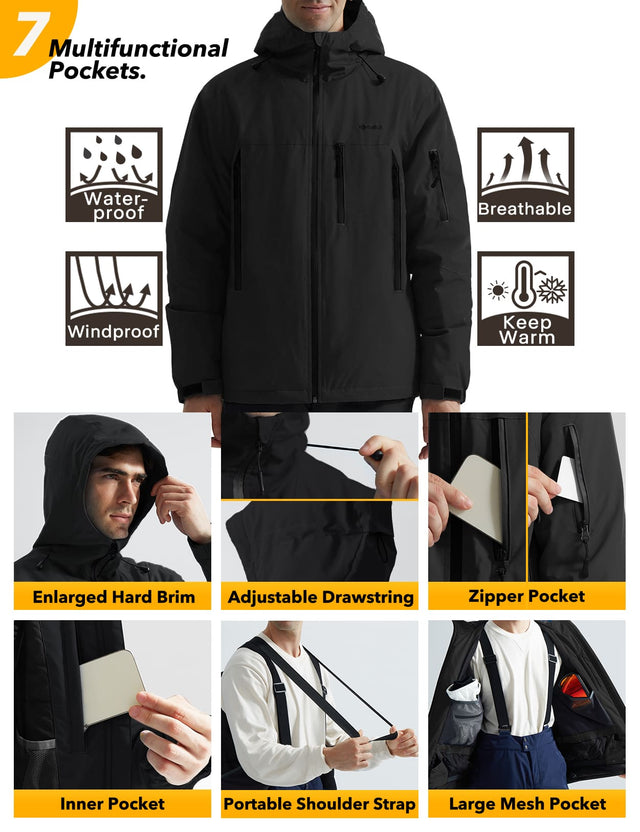 GEMYSE Men's Ski Jacket Warm Winter Snow Coat Waterproof Mountain Windbreaker Jacket for Snowboarding Hiking