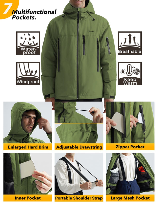 GEMYSE Men's Ski Jacket Warm Winter Snow Coat Waterproof Mountain Windbreaker Jacket for Snowboarding Hiking