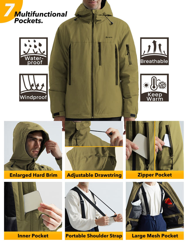 GEMYSE Men's Ski Jacket Warm Winter Snow Coat Waterproof Mountain Windbreaker Jacket for Snowboarding Hiking
