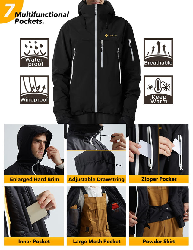 GEMYSE Men's Ski Jacket Warm Winter Snow Coat Waterproof Mountain Windbreaker Jacket for Snowboarding Hiking