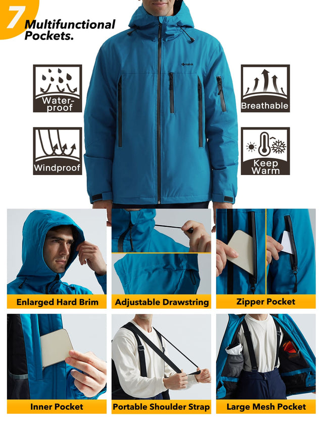 GEMYSE Men's Ski Jacket Warm Winter Snow Coat Waterproof Mountain Windbreaker Jacket for Snowboarding Hiking