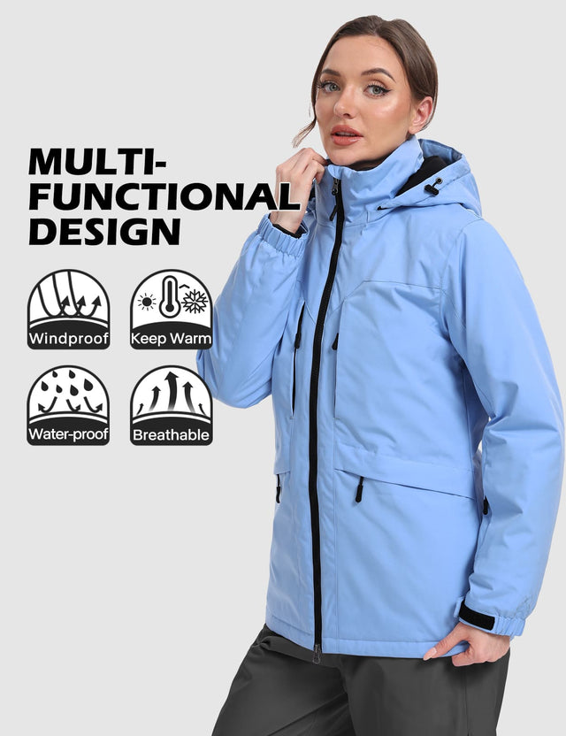 GEMYSE Women's Ski Jacket Waterproof Winter Snow Coat Warm Hooded Windbreaker Snowboarding Windproof Rain Jacket