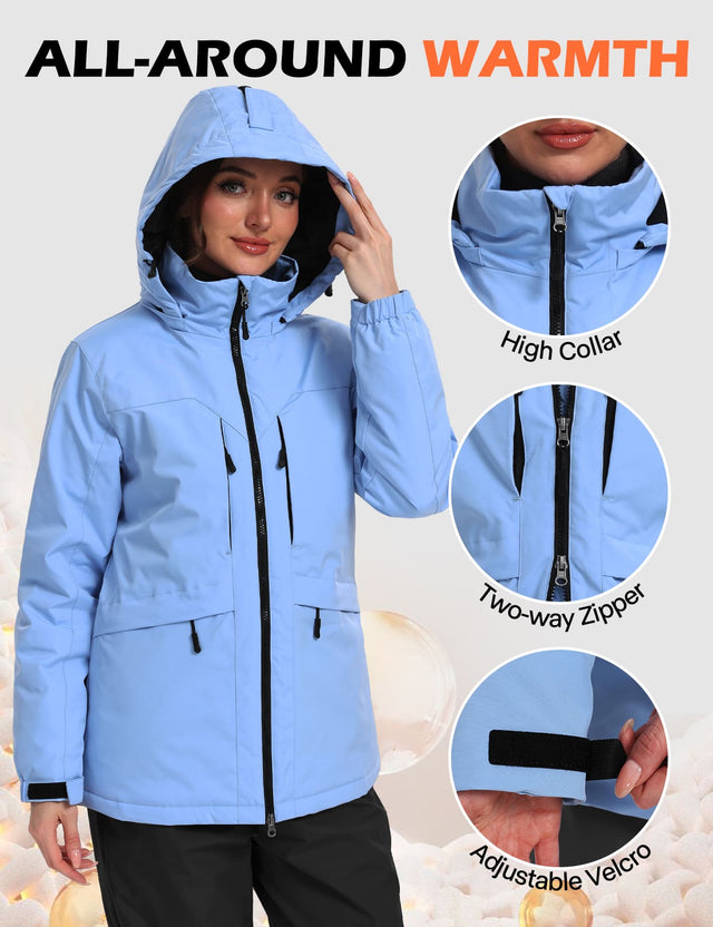 GEMYSE Women's Ski Jacket Waterproof Winter Snow Coat Warm Hooded Windbreaker Snowboarding Windproof Rain Jacket