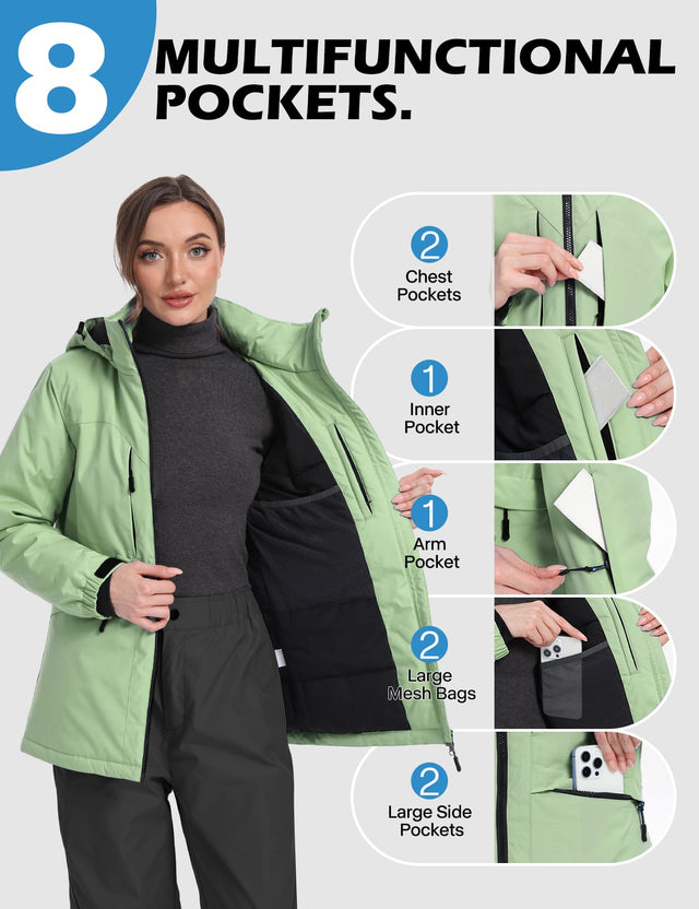 GEMYSE Women's Ski Jacket Waterproof Winter Snow Coat Warm Hooded Windbreaker Snowboarding Windproof Rain Jacket