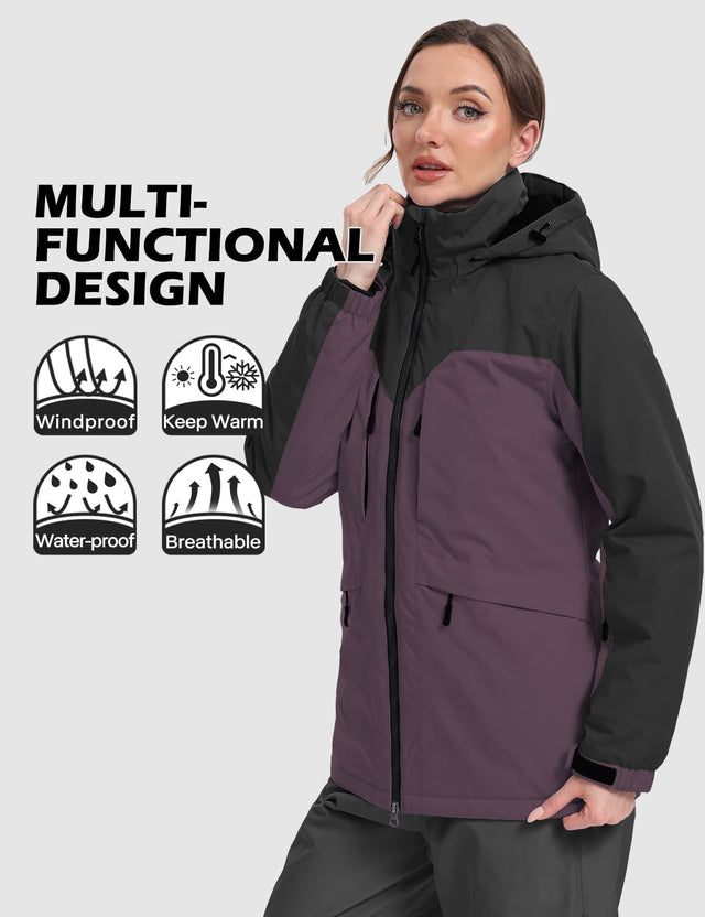 GEMYSE Women's Ski Jacket Waterproof Winter Snow Coat Warm Hooded Windbreaker Snowboarding Windproof Rain Jacket