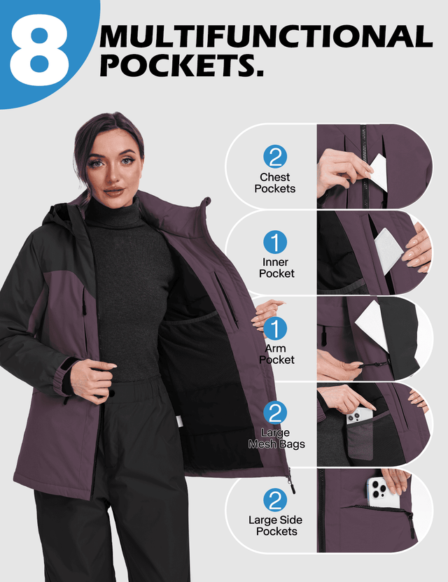 GEMYSE Women's Ski Jacket Waterproof Winter Snow Coat Warm Hooded Windbreaker Snowboarding Windproof Rain Jacket