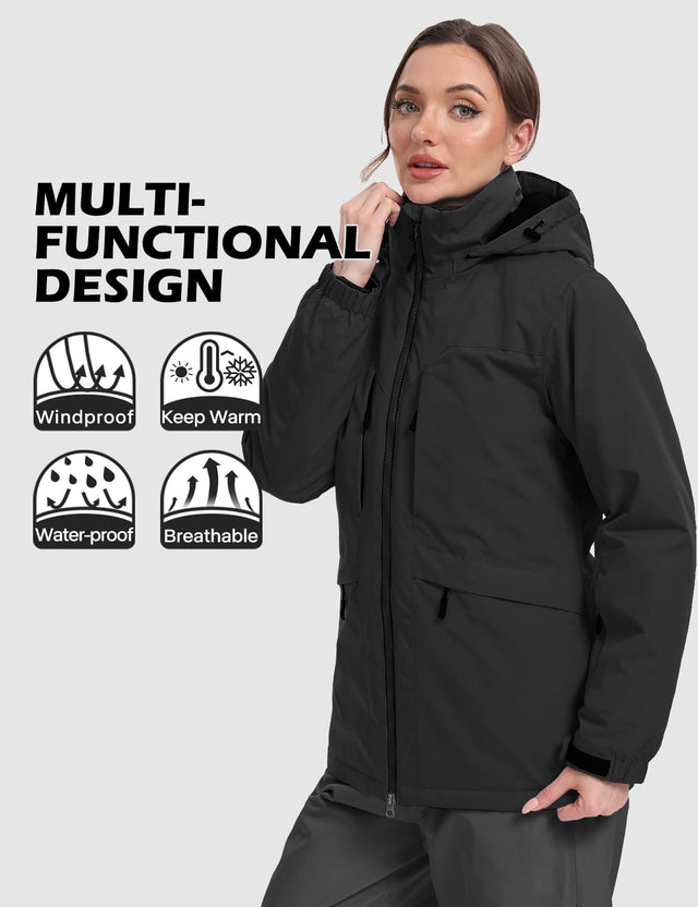 GEMYSE Women's Ski Jacket Waterproof Winter Snow Coat Warm Hooded Windbreaker Snowboarding Windproof Rain Jacket