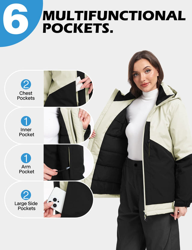 GEMYSE Women's Ski Jacket Waterproof Snow Jacket Windproof Warm Winter Coat Hooded Snowboarding Windbreaker