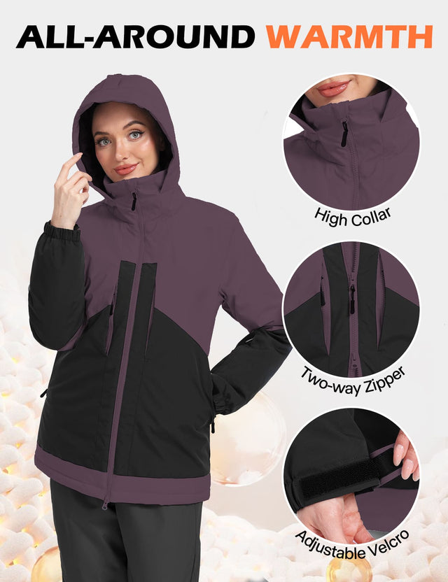 GEMYSE Women's Ski Jacket Waterproof Snow Jacket Windproof Warm Winter Coat Hooded Snowboarding Windbreaker