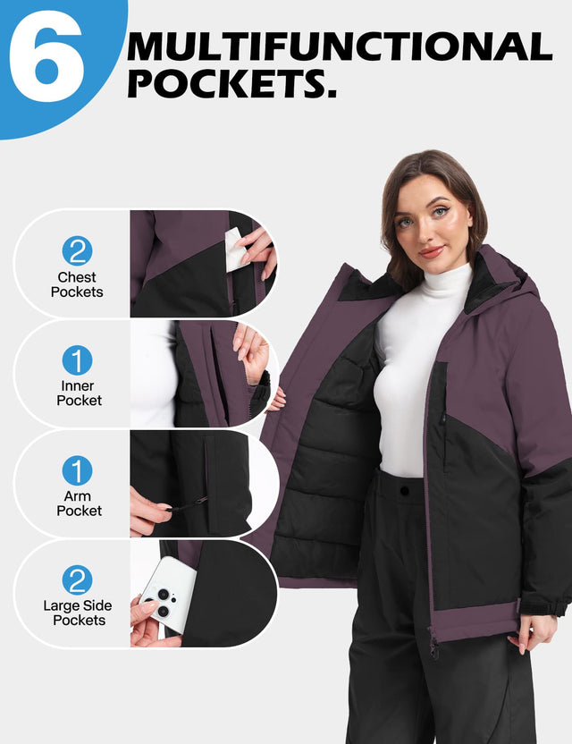 GEMYSE Women's Ski Jacket Waterproof Snow Jacket Windproof Warm Winter Coat Hooded Snowboarding Windbreaker