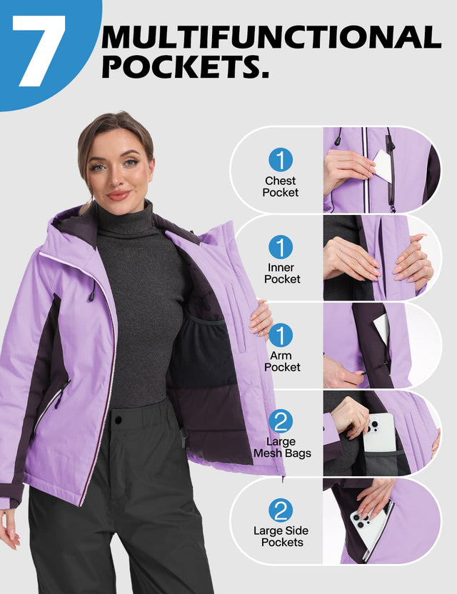 GEMYSE Women's Waterproof Winter Jacket Ski Snow Jacket Windproof Warm Rain Coat Insulated Sonwboard Hooded Jacket