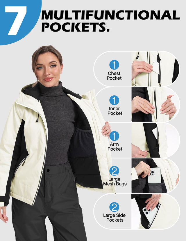 GEMYSE Women's Waterproof Winter Jacket Ski Snow Jacket Windproof Warm Rain Coat Insulated Sonwboard Hooded Jacket