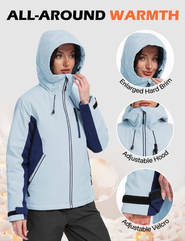 GEMYSE Women's Waterproof Winter Jacket Ski Snow Jacket Windproof Warm Rain Coat Insulated Sonwboard Hooded Jacket