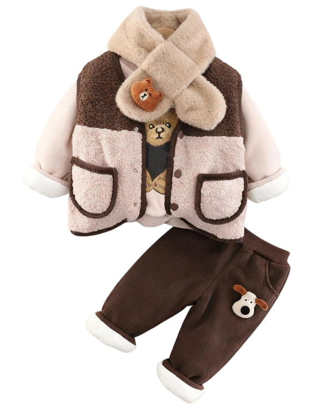 GEMYSE Toddler Clothes Sets 3-Piece : Faux-Fur Vest + Jackets + Pants Outfit for Baby Boys Girls, Fall Winter Baby Clothing Set