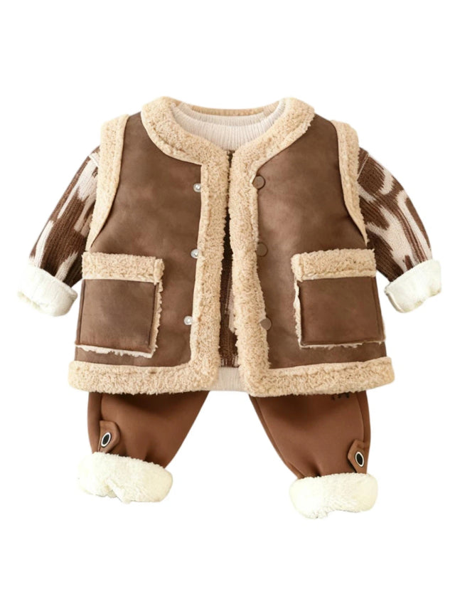 GEMYSE Toddler Clothes Sets 3-Piece : Faux-Fur Vest + Jackets + Pants Outfit for Baby Boys Girls, Fall Winter Baby Clothing Set