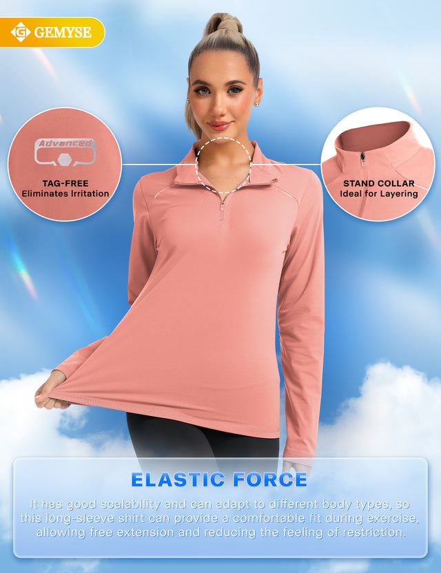 GEMYSE Women's 1/4 Zip Pullover Shirts Long Sleeve Workout Tops Quick Dry Casual Rash Guard Shirts