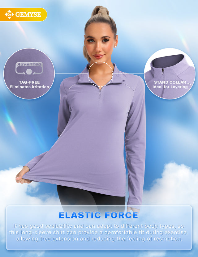 GEMYSE Women's 1/4 Zip Pullover Shirts Long Sleeve Workout Tops Quick Dry Casual Rash Guard Shirts