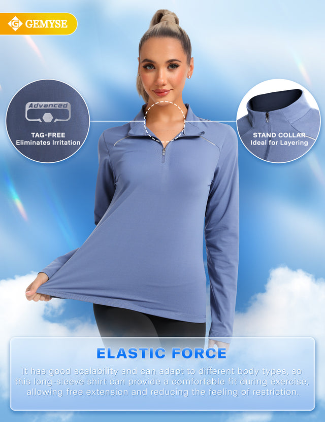 GEMYSE Women's 1/4 Zip Pullover Shirts Long Sleeve Workout Tops Quick Dry Casual Rash Guard Shirts